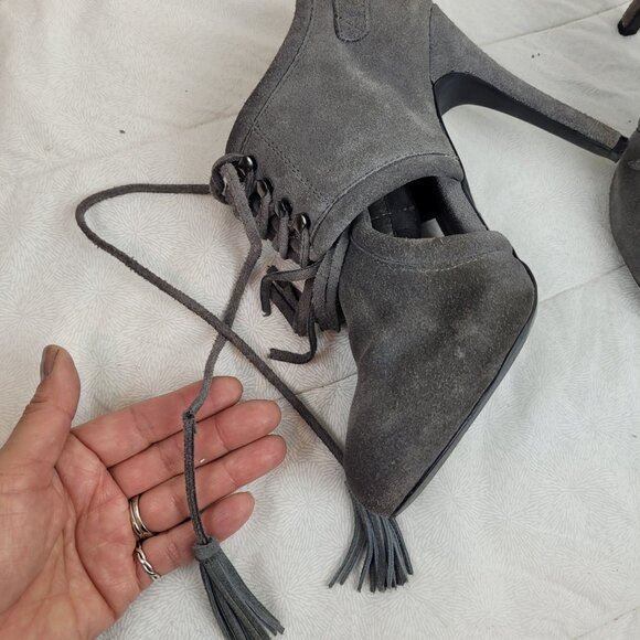 Colin Stuart gray suede booties fringe leather ties tassels stiletto heels 6.5 - Picture 9 of 13